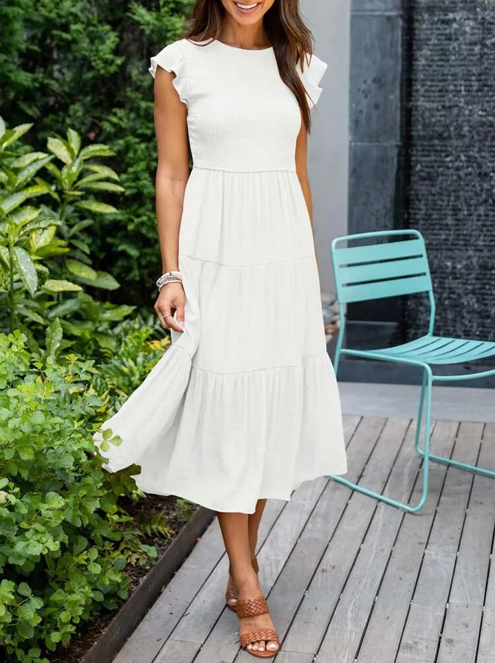 Imara | Women's Cotton Ruffle-Sleeve Smocked Tiered Midi Dress