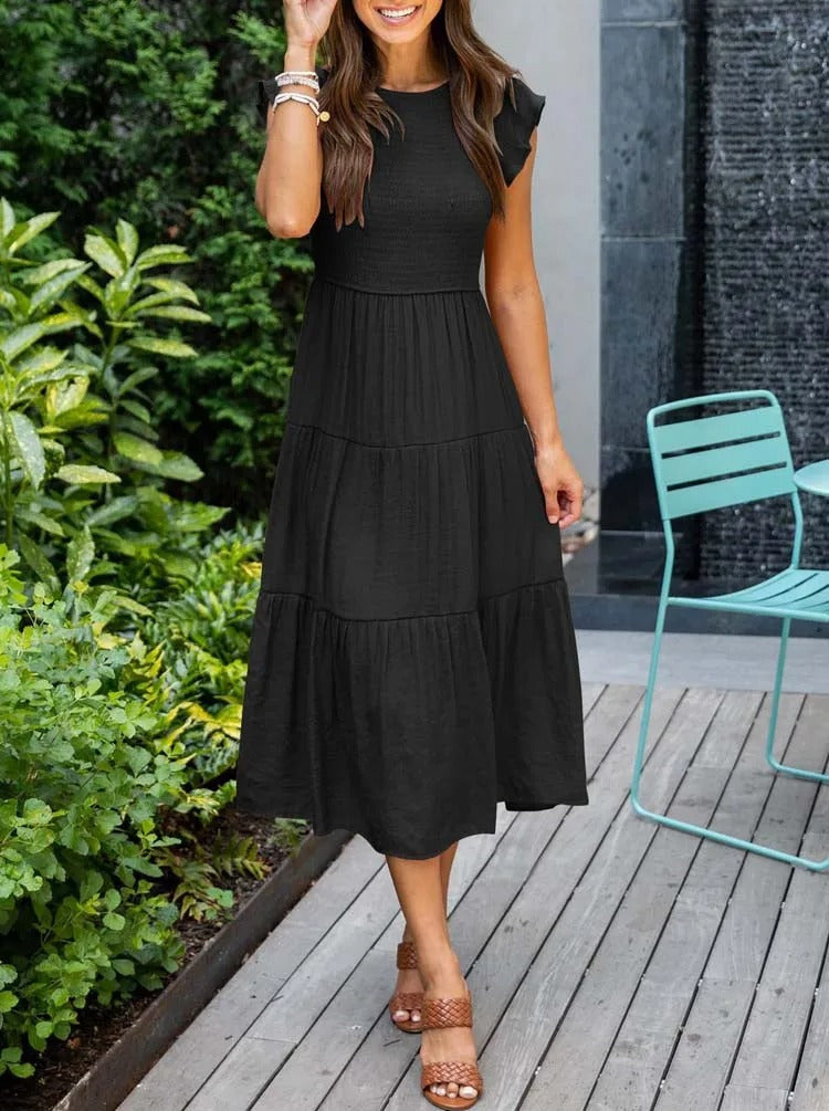 Imara | Women's Cotton Ruffle-Sleeve Smocked Tiered Midi Dress