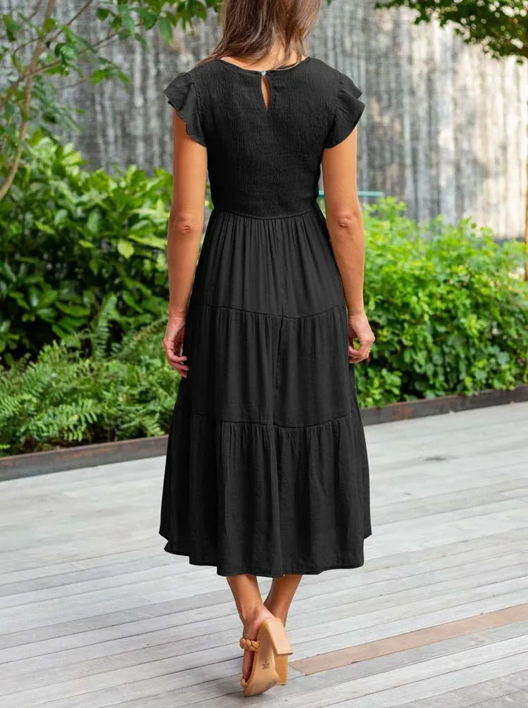 Imara | Women's Cotton Ruffle-Sleeve Smocked Tiered Midi Dress