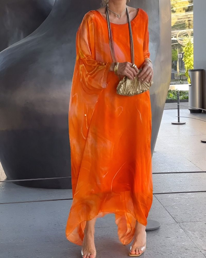 Indira | Women's Chiffon Abstract Print Batwing Sleeve Maxi Dress