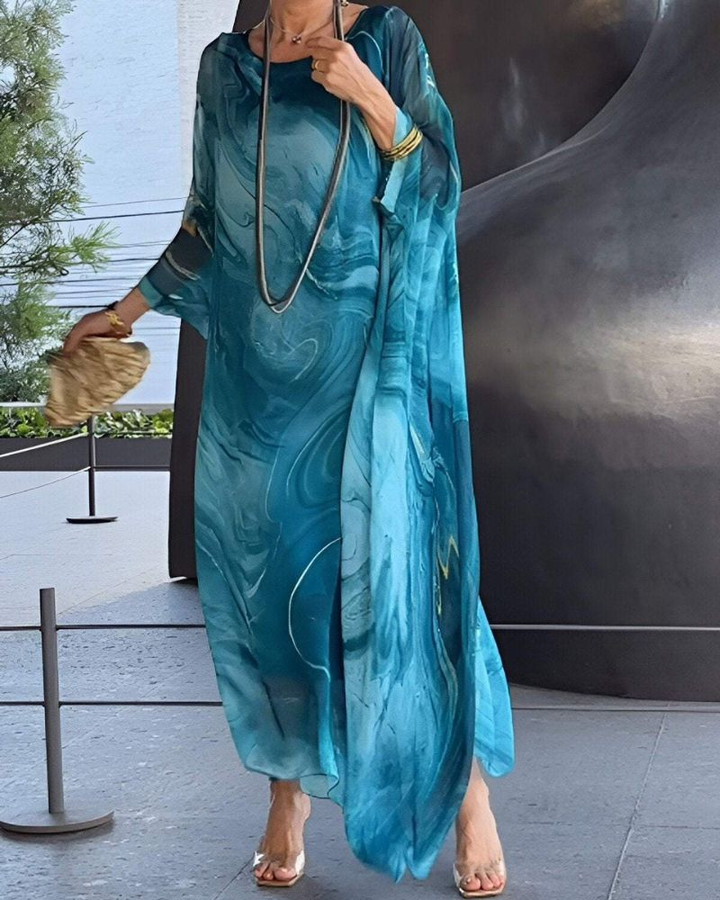 Indira | Women's Chiffon Abstract Print Batwing Sleeve Maxi Dress