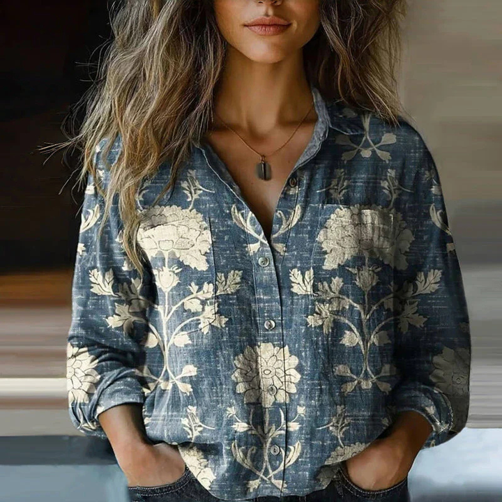 Indira | Women's Cotton Boho Print Relaxed Button-Up Shirt