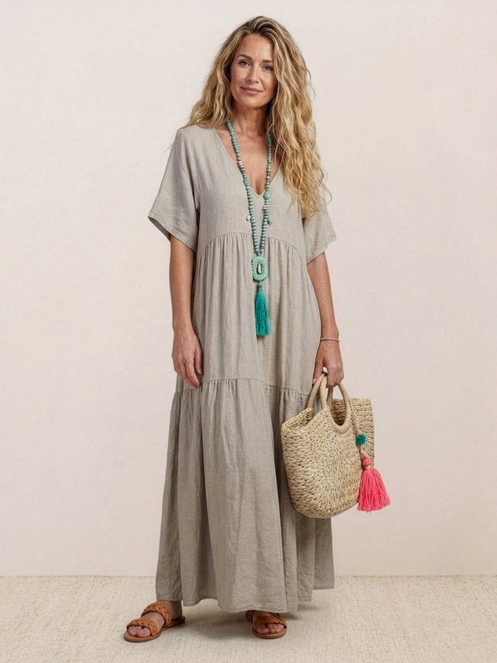 Indira | Women's Linen V-Neck Tiered Maxi Dress