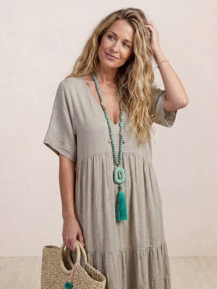 Indira | Women's Linen V-Neck Tiered Maxi Dress