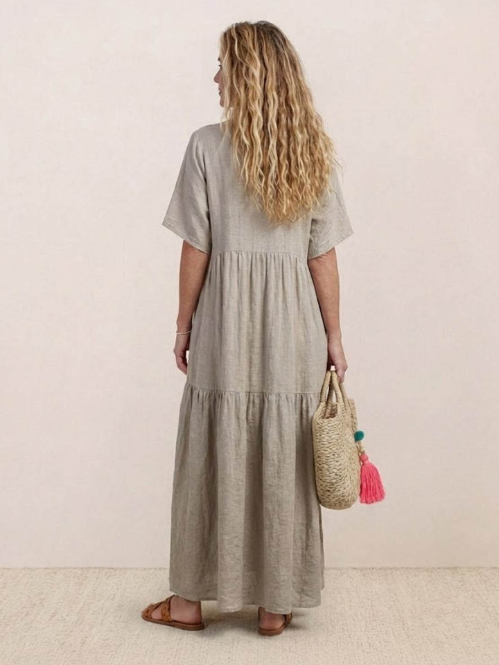 Indira | Women's Linen V-Neck Tiered Maxi Dress