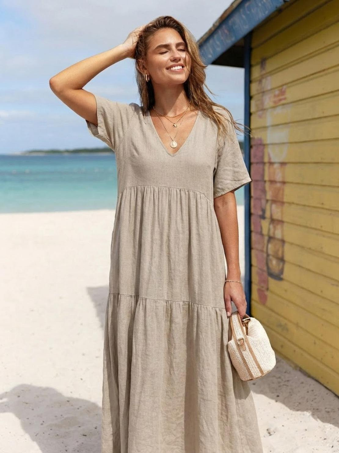Indira | Women's Linen V-Neck Tiered Maxi Dress