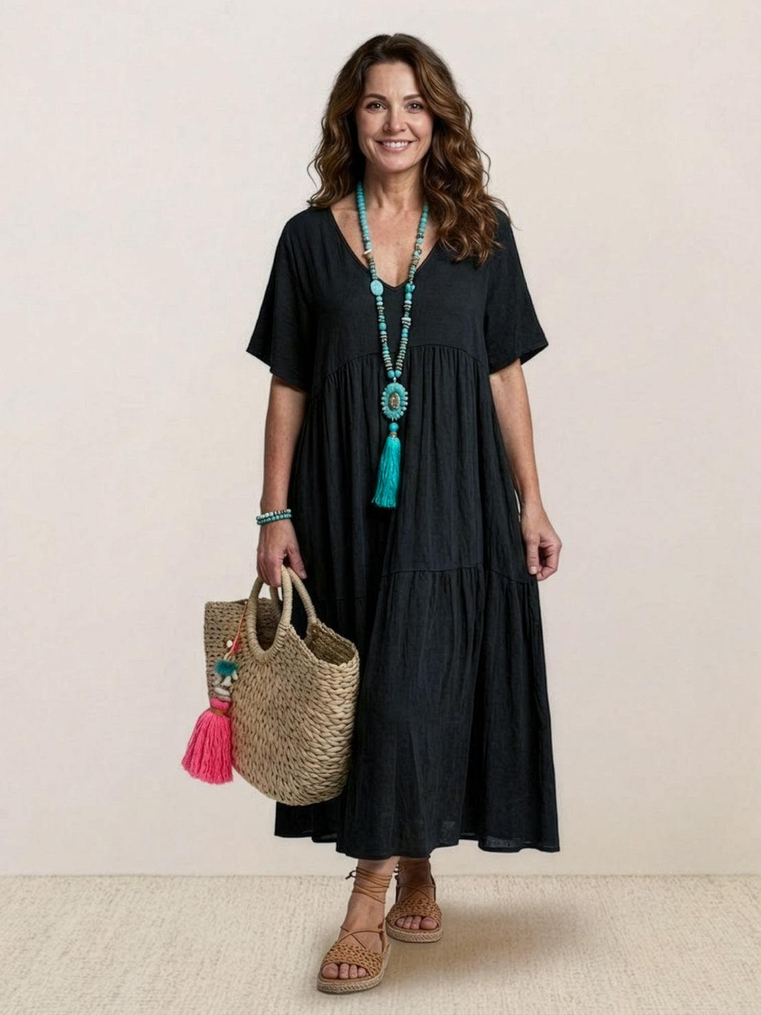Indira | Women's Linen V-Neck Tiered Maxi Dress