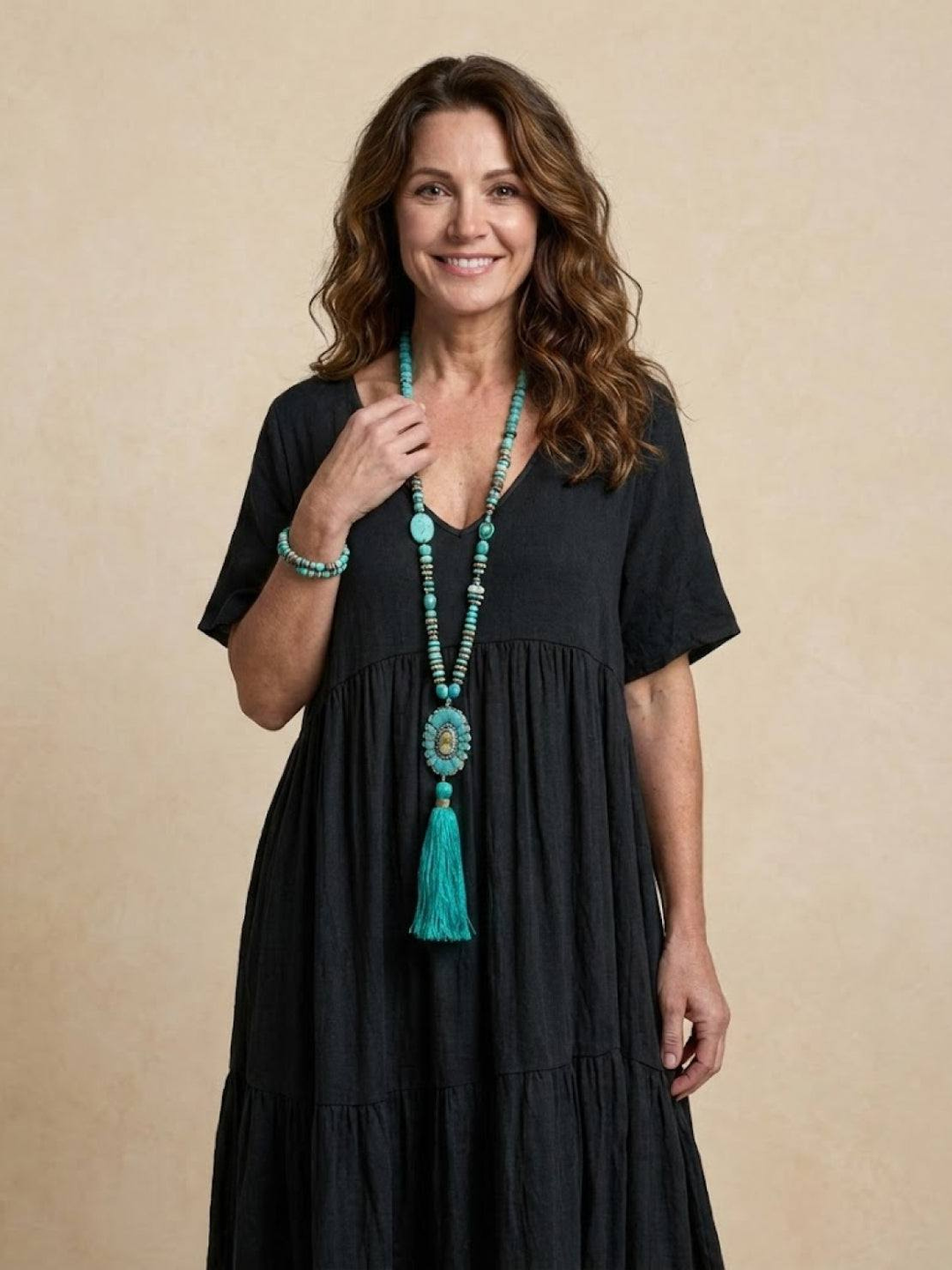 Indira | Women's Linen V-Neck Tiered Maxi Dress