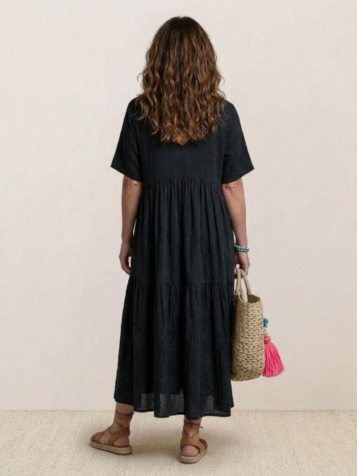 Indira | Women's Linen V-Neck Tiered Maxi Dress