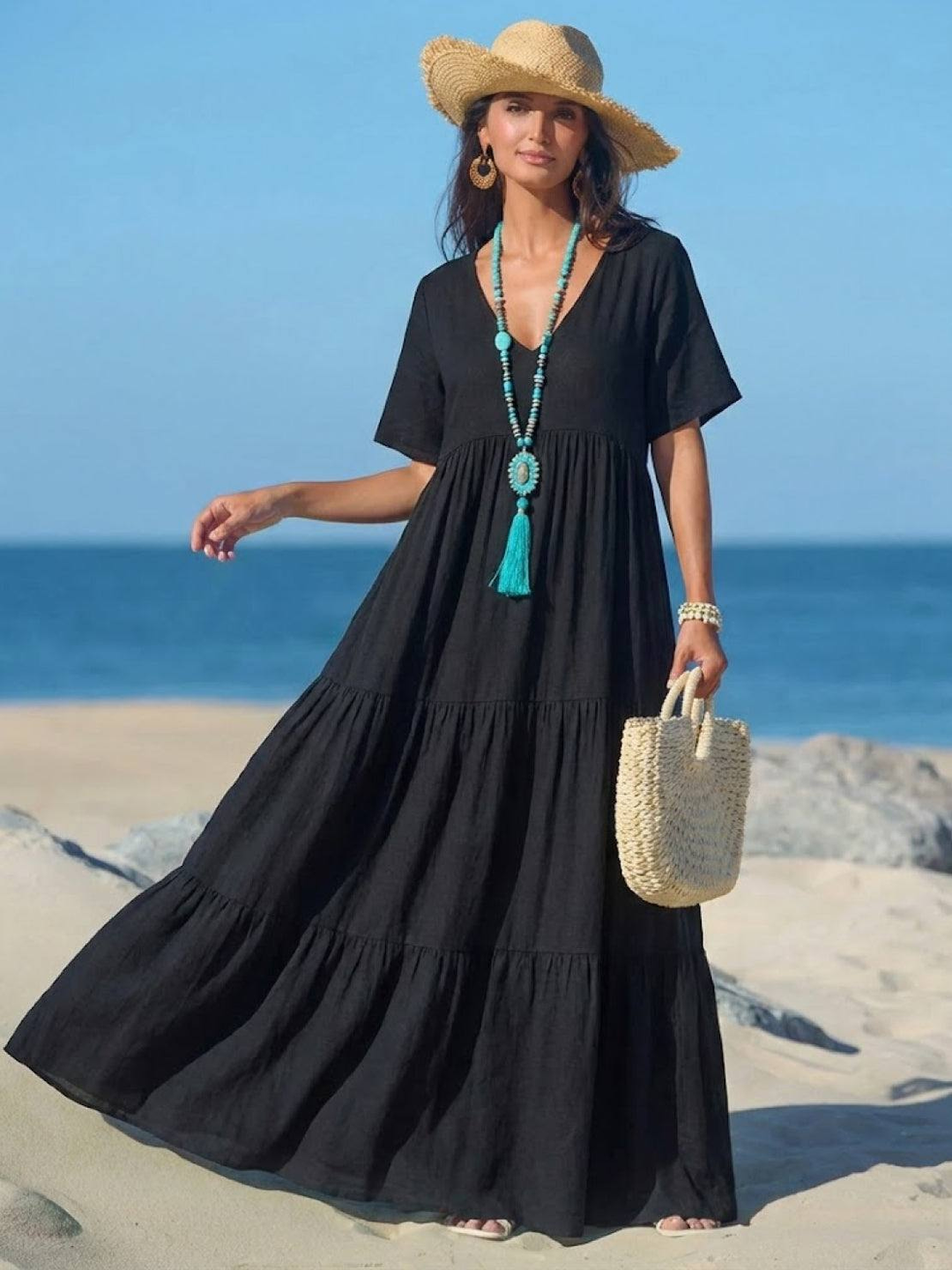 Indira | Women's Linen V-Neck Tiered Maxi Dress