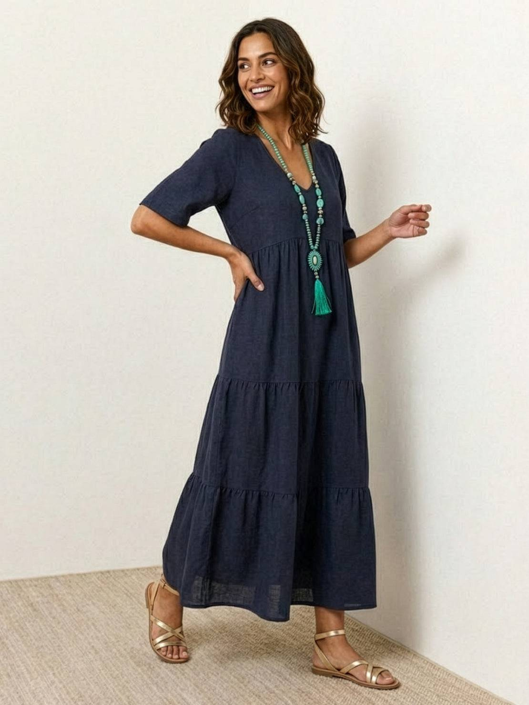 Indira | Women's Linen V-Neck Tiered Maxi Dress