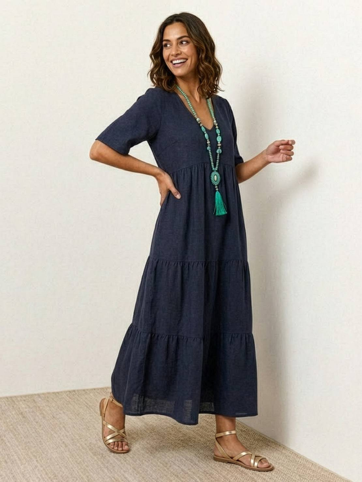 Indira | Women's Linen V-Neck Tiered Maxi Dress
