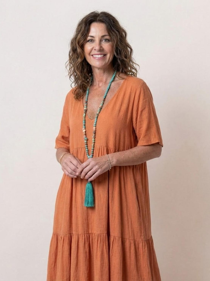 Indira | Women's Linen V-Neck Tiered Maxi Dress