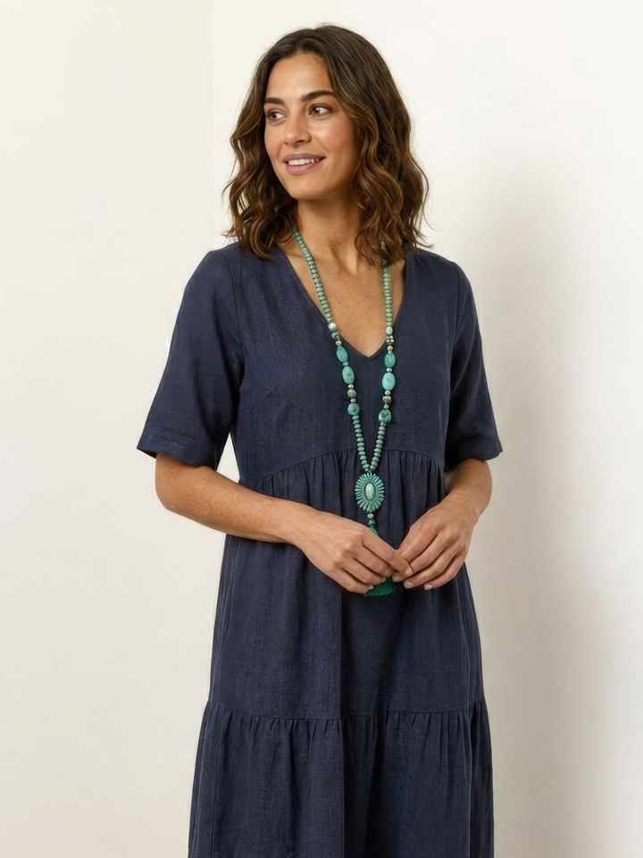 Indira | Women's Linen V-Neck Tiered Maxi Dress