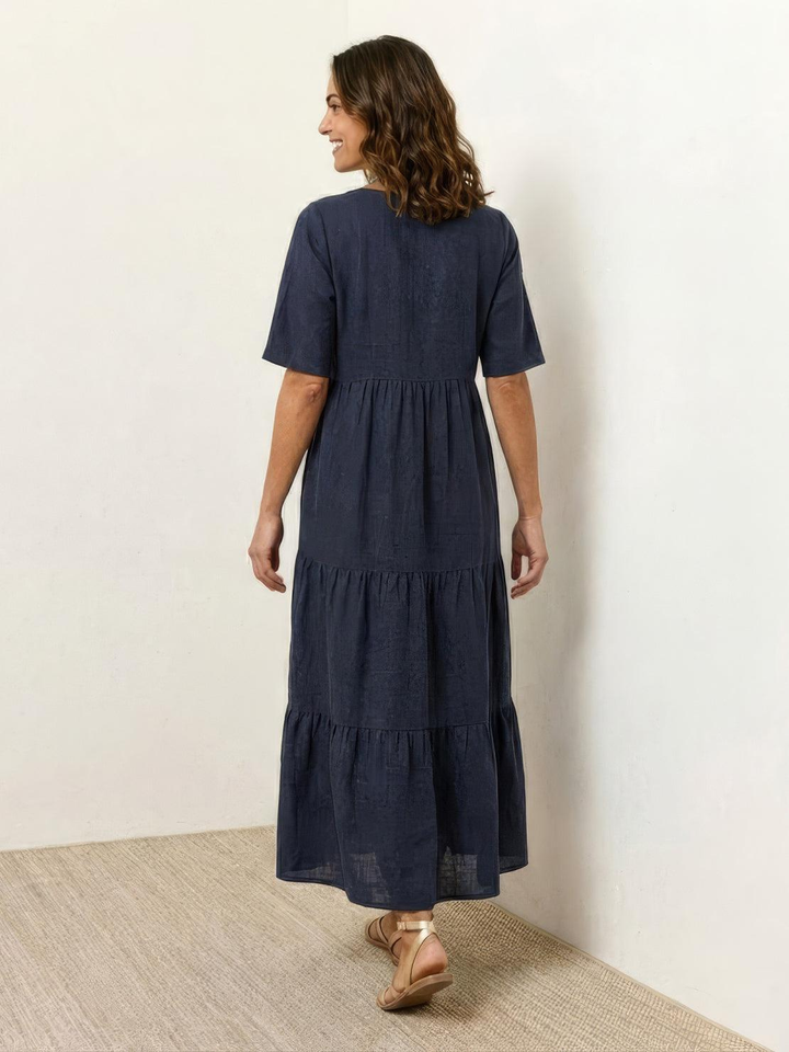 Indira | Women's Linen V-Neck Tiered Maxi Dress