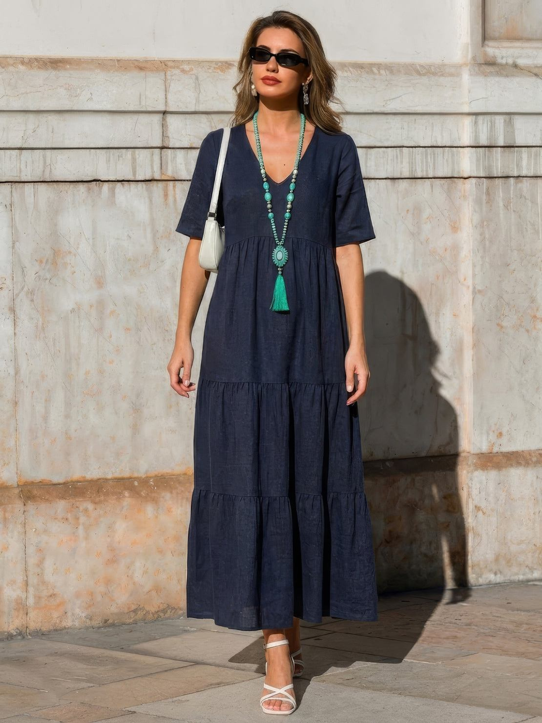 Indira | Women's Linen V-Neck Tiered Maxi Dress