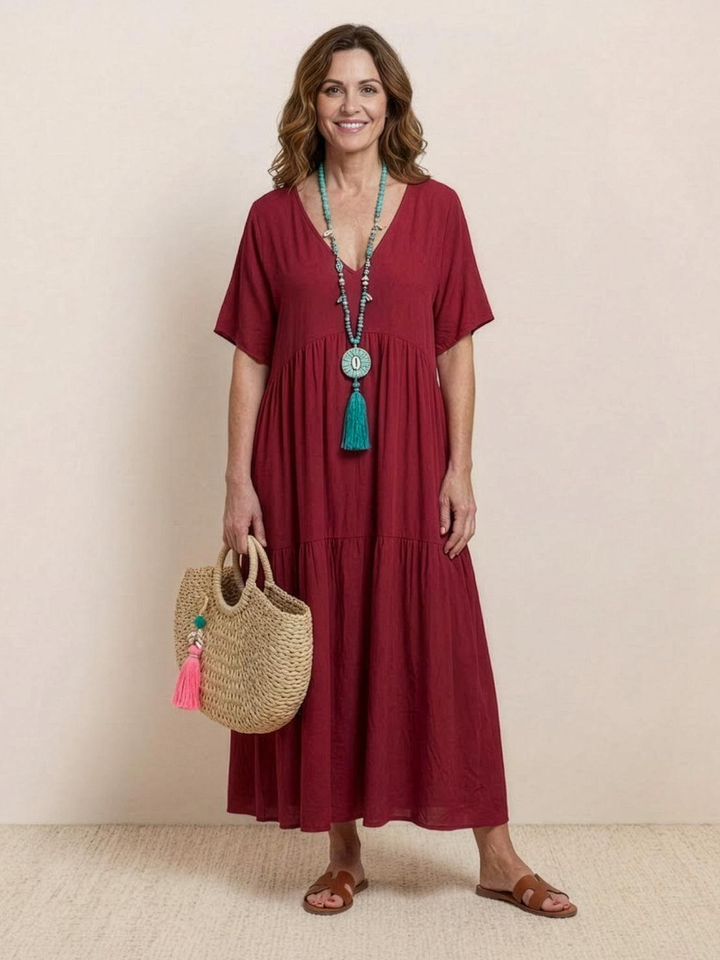 Indira | Women's Linen V-Neck Tiered Maxi Dress