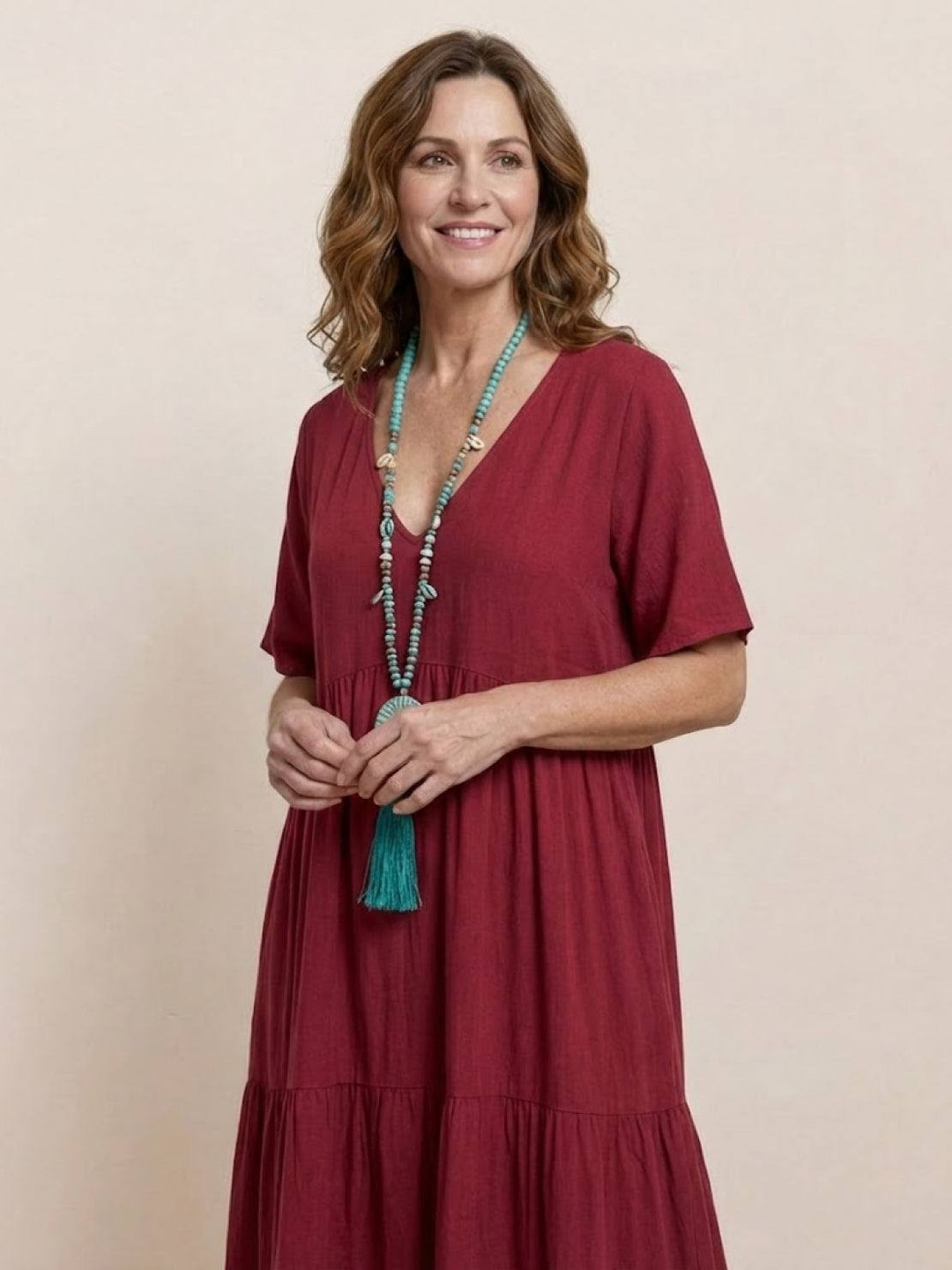Indira | Women's Linen V-Neck Tiered Maxi Dress