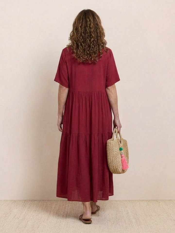 Indira | Women's Linen V-Neck Tiered Maxi Dress