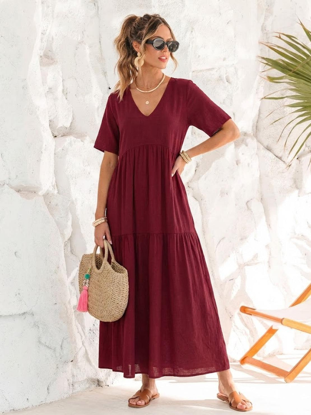 Indira | Women's Linen V-Neck Tiered Maxi Dress
