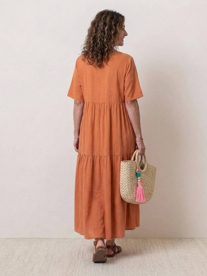 Indira | Women's Linen V-Neck Tiered Maxi Dress