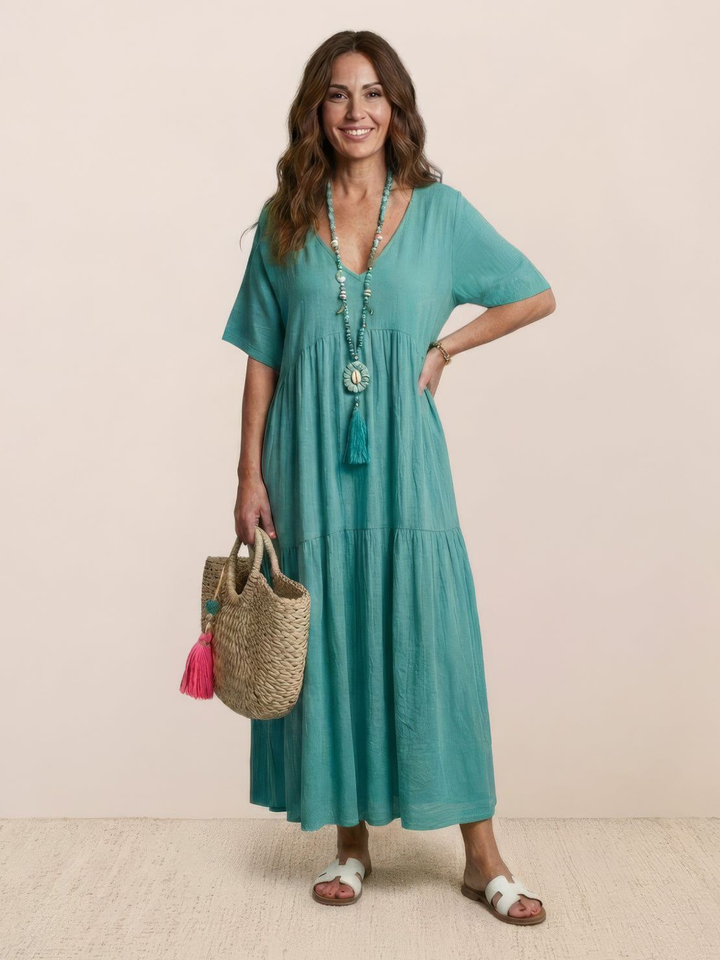 Indira | Women's Linen V-Neck Tiered Maxi Dress