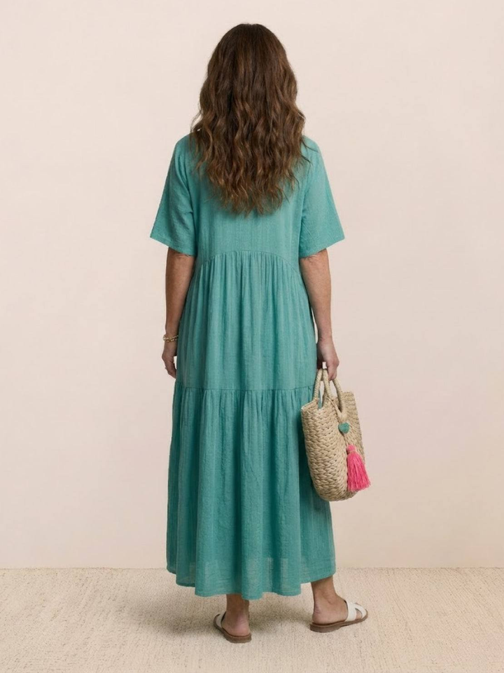 Indira | Women's Linen V-Neck Tiered Maxi Dress