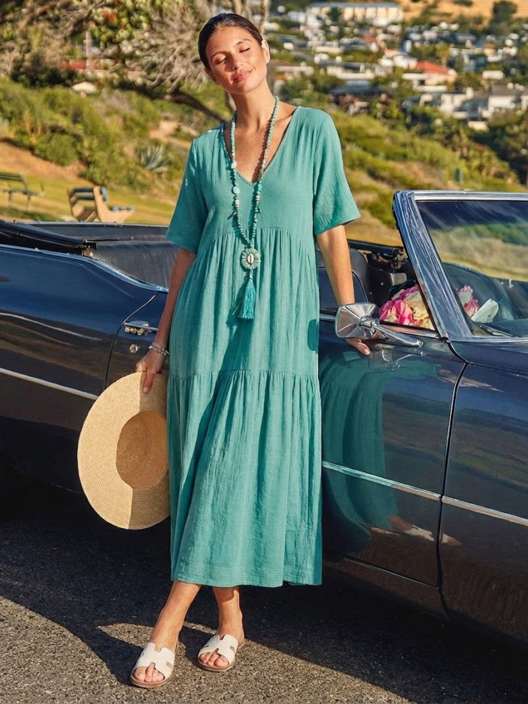 Indira | Women's Linen V-Neck Tiered Maxi Dress