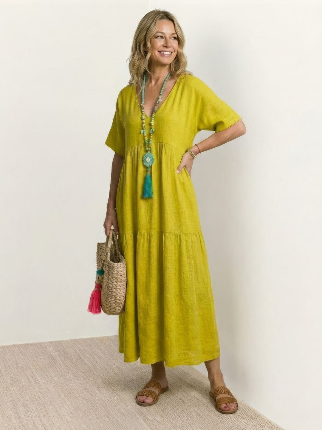 Indira | Women's Linen V-Neck Tiered Maxi Dress