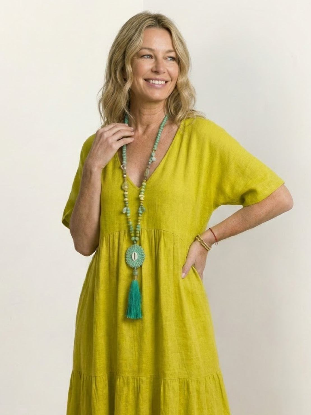 Indira | Women's Linen V-Neck Tiered Maxi Dress