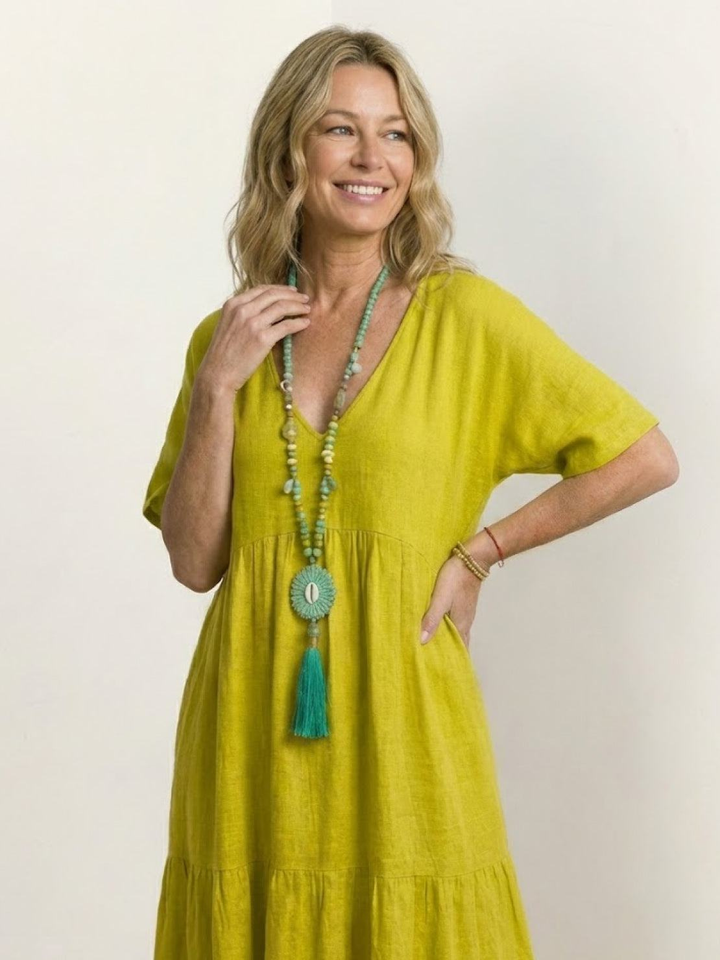 Indira | Women's Linen V-Neck Tiered Maxi Dress