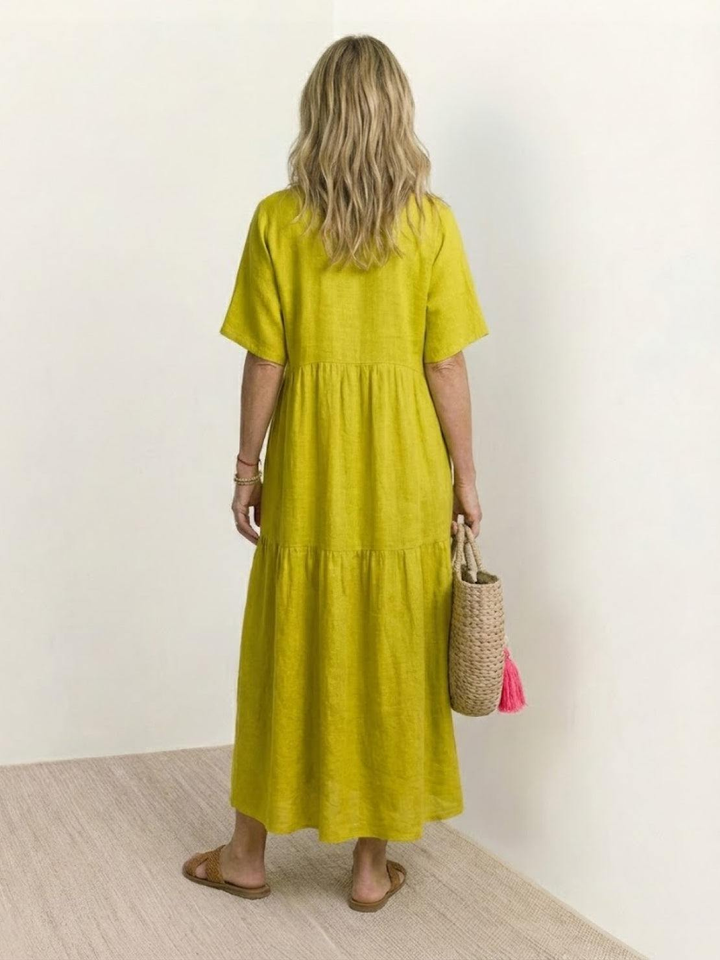 Indira | Women's Linen V-Neck Tiered Maxi Dress