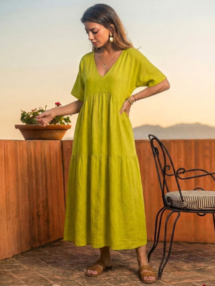 Indira | Women's Linen V-Neck Tiered Maxi Dress