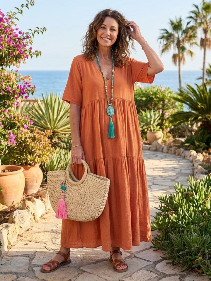 Indira | Women's Linen V-Neck Tiered Maxi Dress