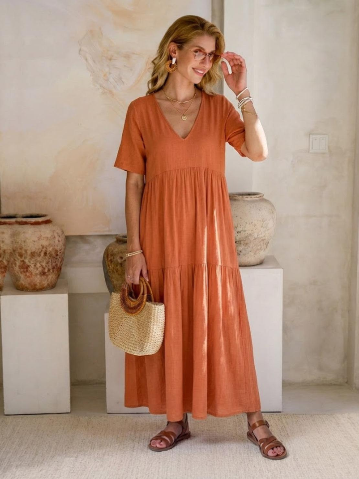 Indira | Women's Linen V-Neck Tiered Maxi Dress