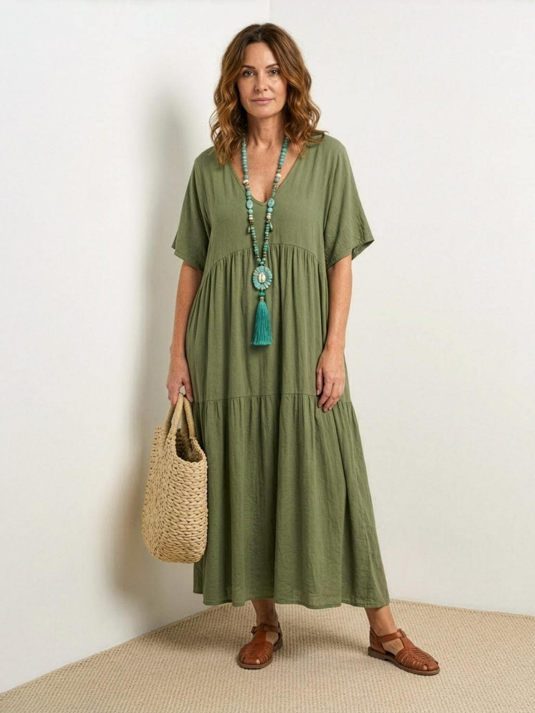 Indira | Women's Linen V-Neck Tiered Maxi Dress