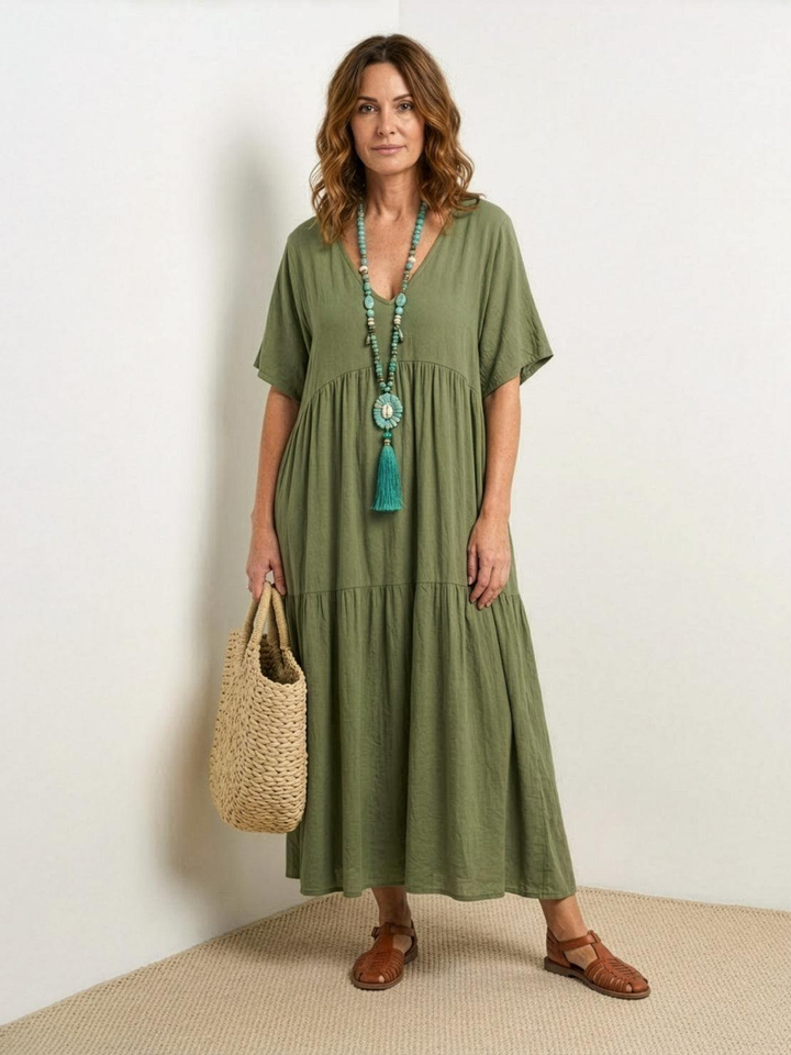 Indira | Women's Linen V-Neck Tiered Maxi Dress