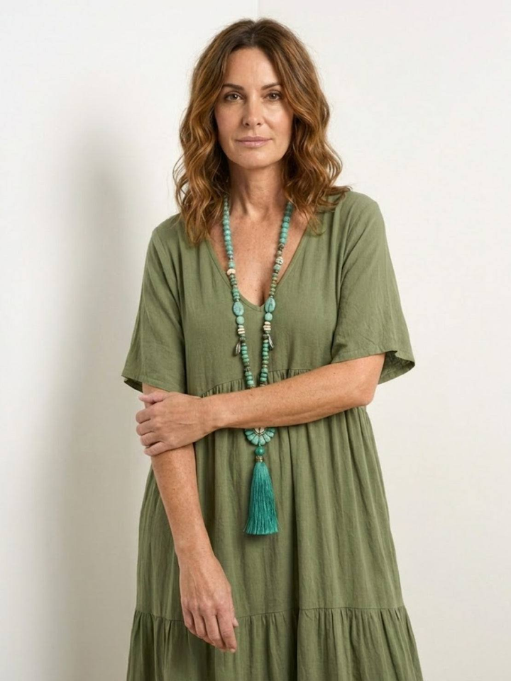 Indira | Women's Linen V-Neck Tiered Maxi Dress