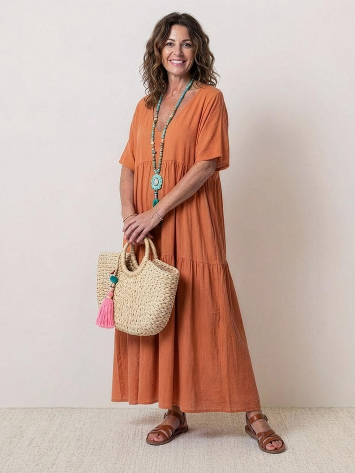 Indira | Women's Linen V-Neck Tiered Maxi Dress