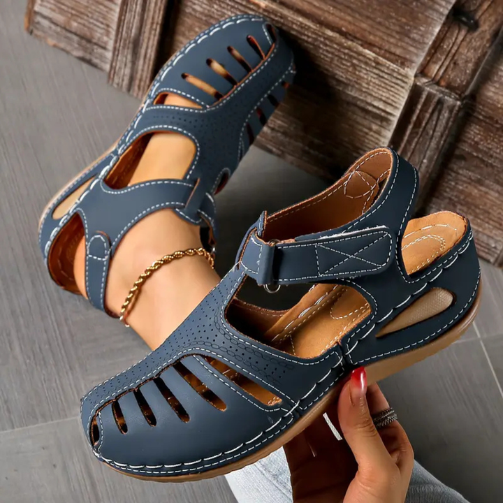 Ines | Women's Orthopaedic Leather Closed-Toe Cut-Out Wedge Sandals