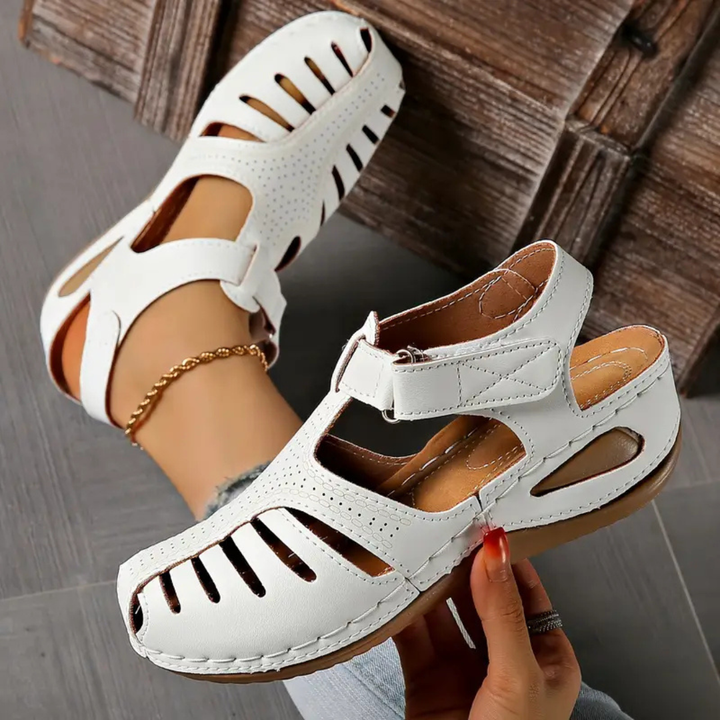 Ines | Women's Orthopaedic Leather Closed-Toe Cut-Out Wedge Sandals