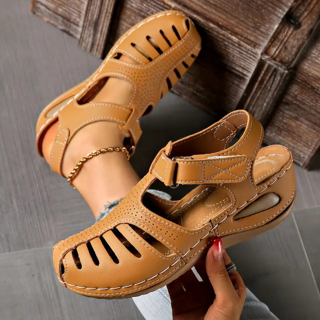 Ines | Women's Orthopaedic Leather Closed-Toe Cut-Out Wedge Sandals