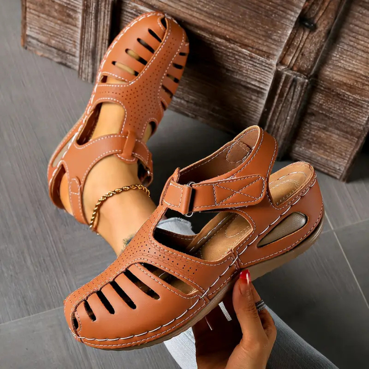 Ines | Women's Orthopaedic Leather Closed-Toe Cut-Out Wedge Sandals