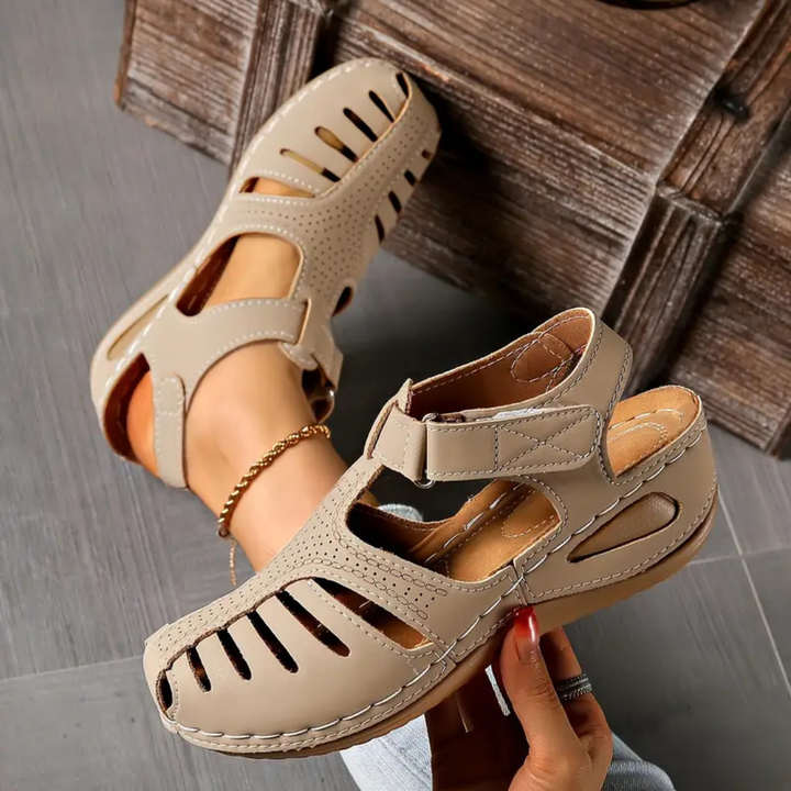 Ines | Women's Orthopaedic Leather Closed-Toe Cut-Out Wedge Sandals