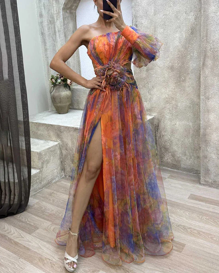Isadora | Women's Chiffon Floral One-Shoulder Split Maxi Gown Elegant