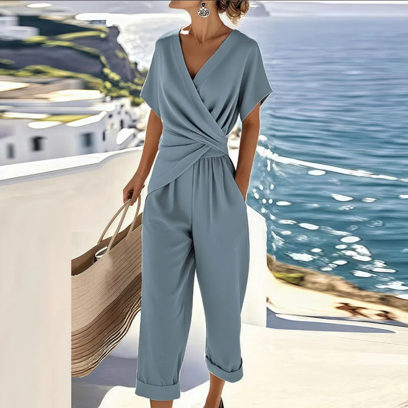 Isla | Women's Linen Wrap V-Neck Wide-Leg Jumpsuit