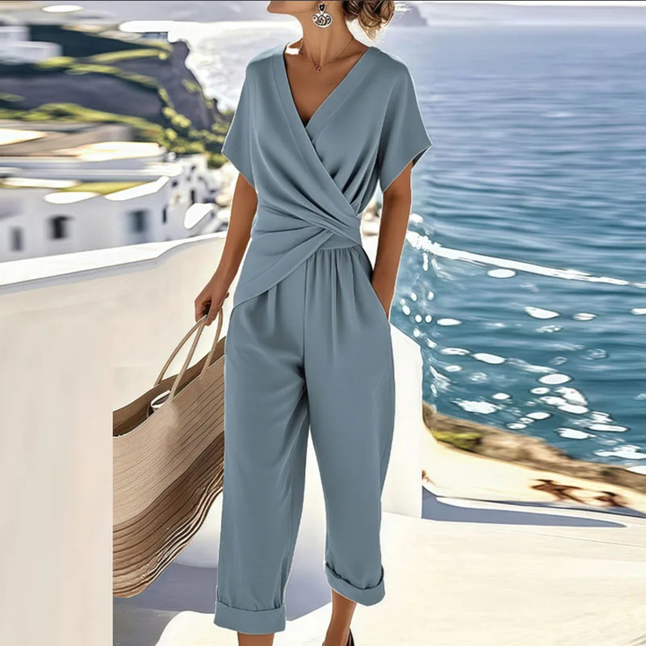 Isla | Women's Linen Wrap V-Neck Wide-Leg Jumpsuit