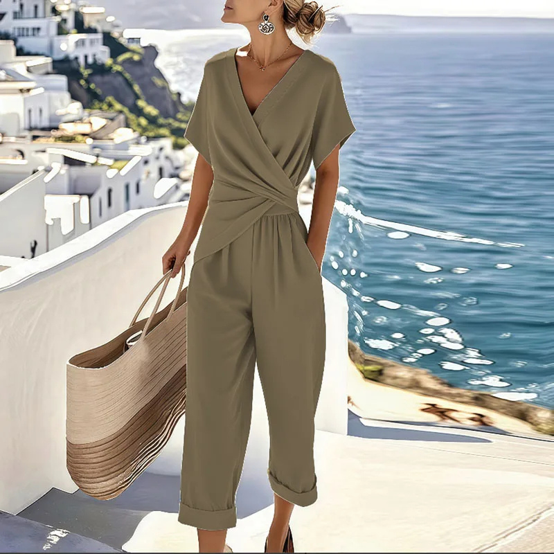Isla | Women's Linen Wrap V-Neck Wide-Leg Jumpsuit
