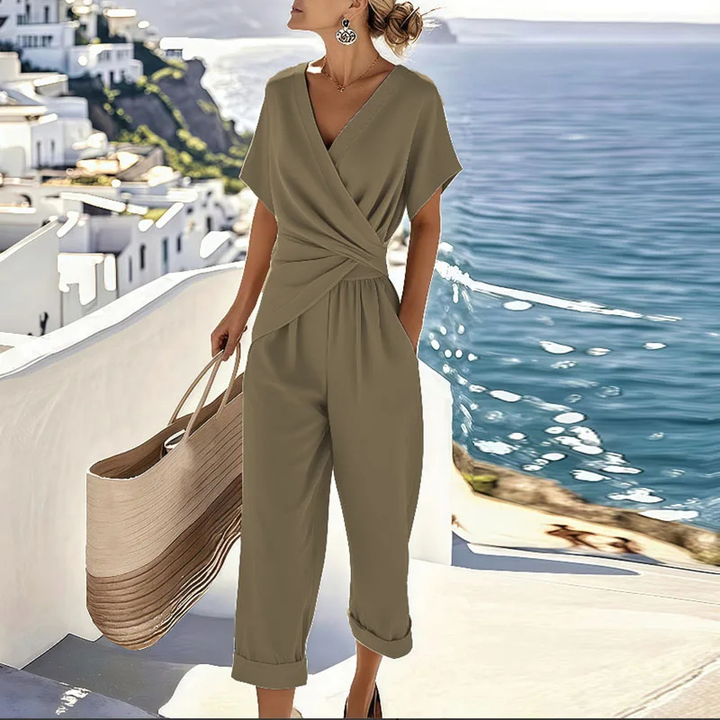 Isla | Women's Linen Wrap V-Neck Wide-Leg Jumpsuit