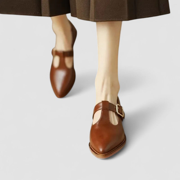 Isolde | Women's Leather Pointed-Toe Mary Jane Block Heel Pumps
